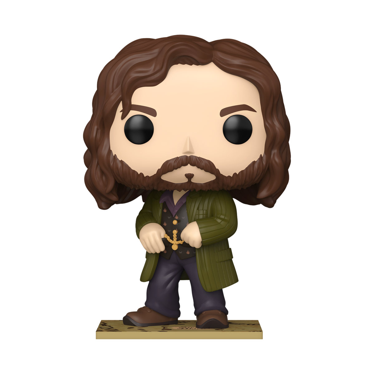 Funko Pop! Sirius Black figure standing on the Marauder’s Map, with long dark hair and a green jacket