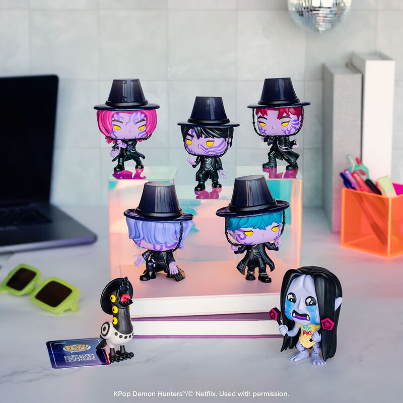 KPop Demon Hunters POP! figures displayed on a shelf