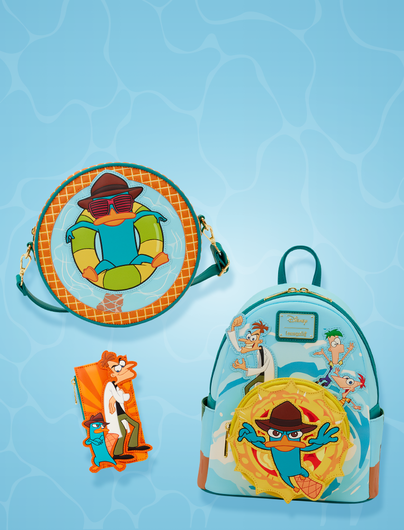 Blue illustrated water background with Phineas and Ferb Loungefly collection in the foreground