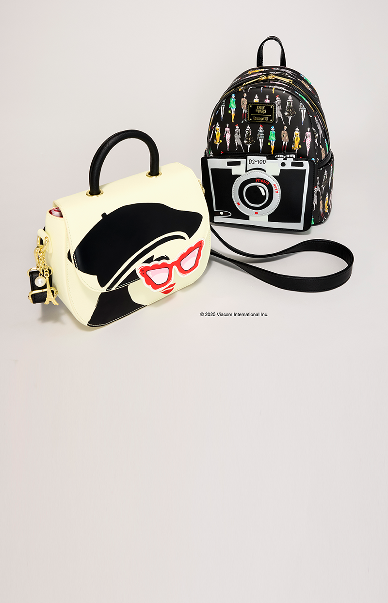 grey background with Emily in Paris Loungefly Accessories