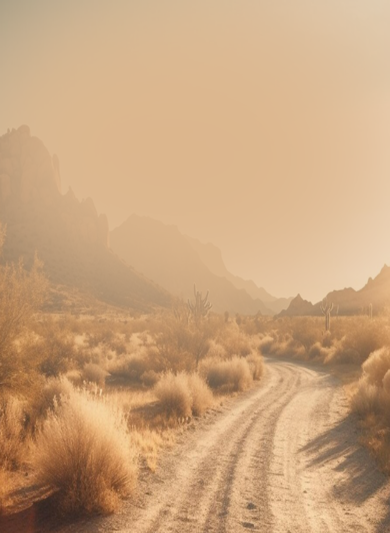 Desert scene with a dirt road and mountains in the background