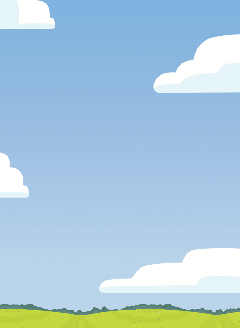 Bright cartoon landscape with blue sky, fluffy white clouds, rolling green hills, and grassy field in a playful illustrated style.