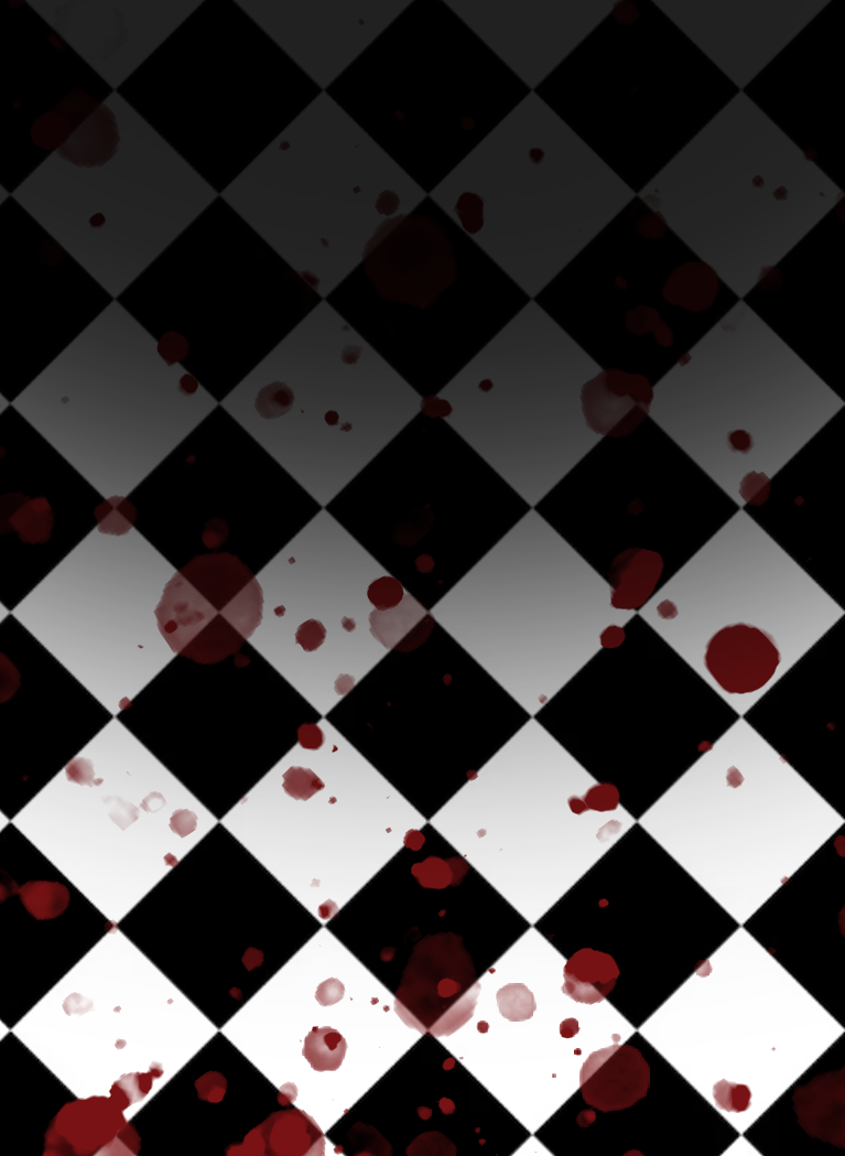 Black and white diamond checkerboard background with dark red splatter effects.