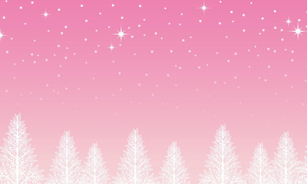 Pink winter background with falling snow, sparkling stars and white snow-covered pine trees.