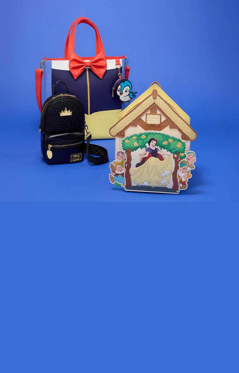 Blue background with showcasing Loungefly Snow White accessories