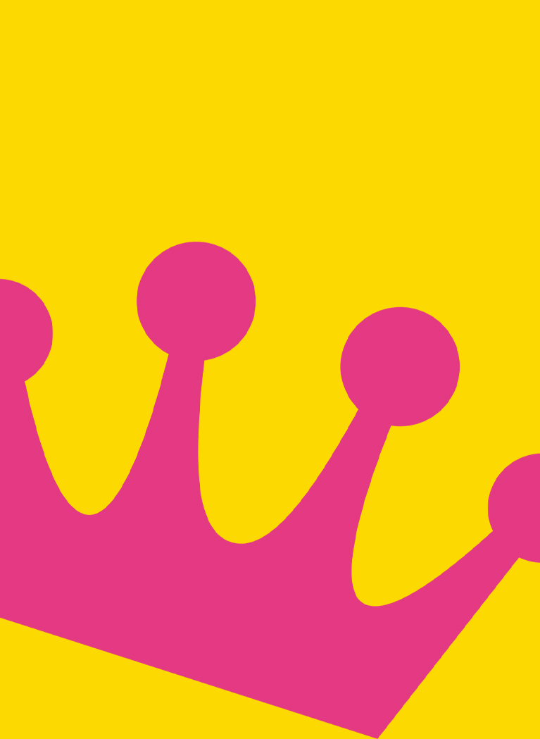 Yellow background with large, pink crown icon