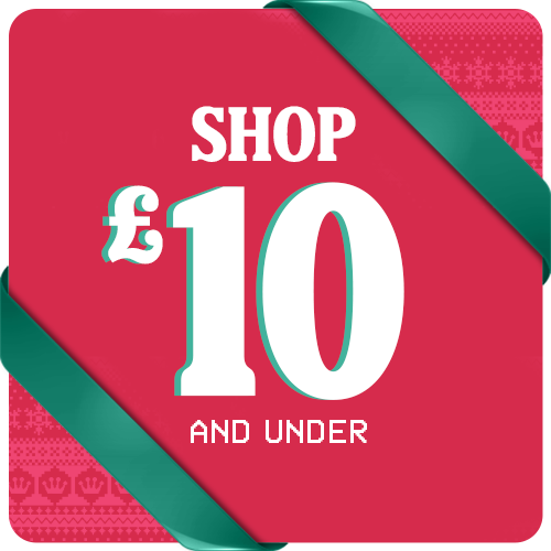 Red square with Ugly Christmas Sweater pattern and Green ribbons featuring "Shop $10 and Under" holiday gifts text