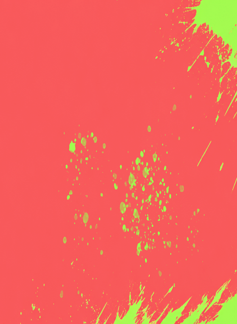 Abstract neon paint splash background with bright pink brush strokes and lime green splatter accents.