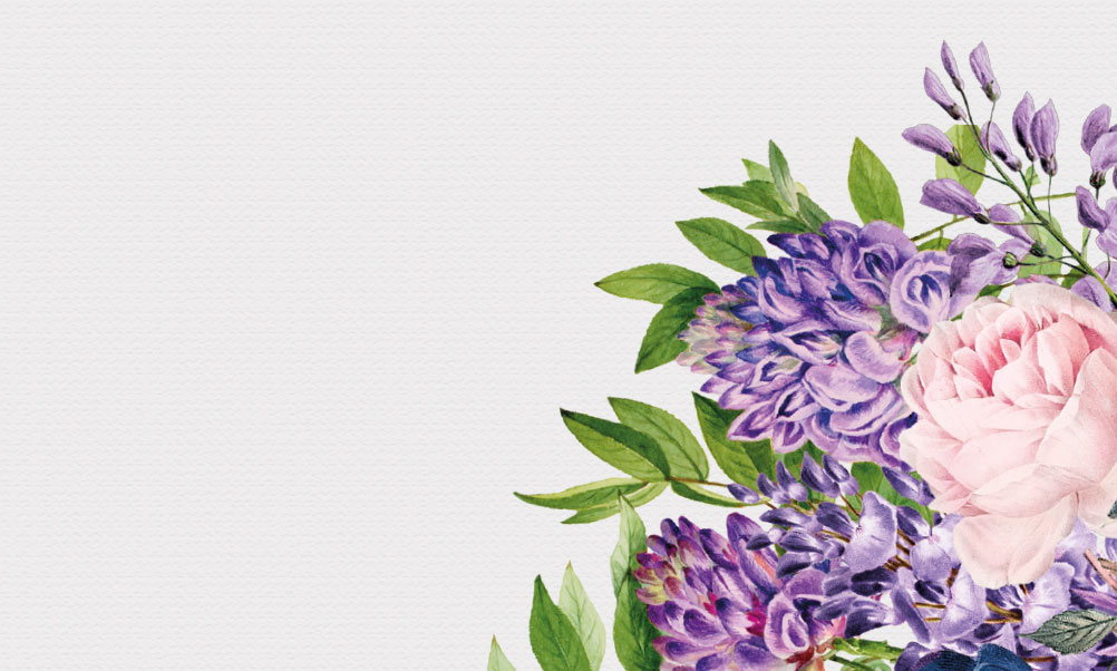 neutral background with flowers in the bottom right corner