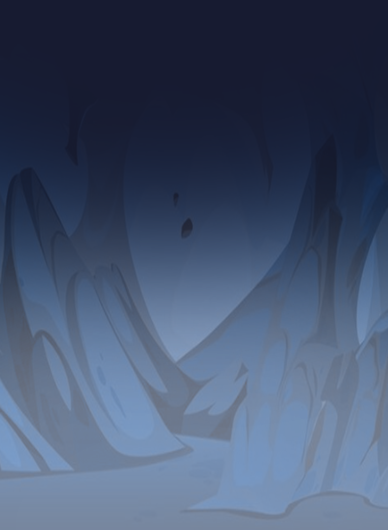 Dark blue illustrated cave background with jagged rock formations and glowing icy details.