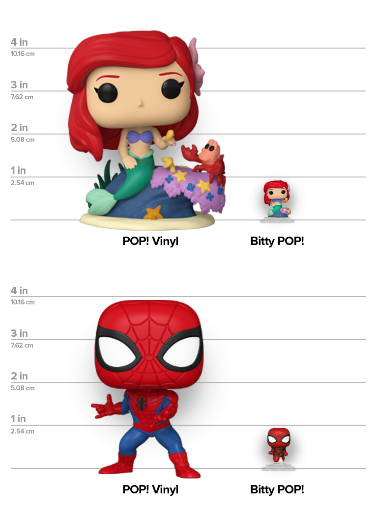 Size chart of regular Funko POP! vinyl figures and Funko Bitty POP! collectible figures featuring The Little Mermaid and Spider-Man