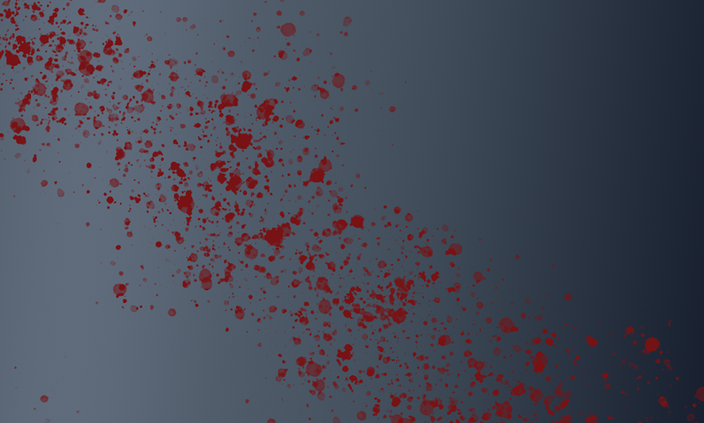 Abstract red blood splatter pattern scattered diagonally across a dark blue gradient background.