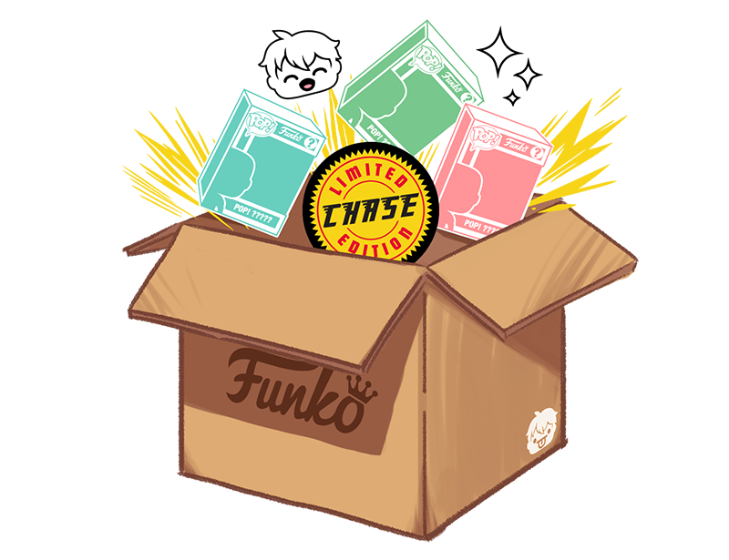 Drawn cardboard box with a chase sticker and 3 different colour pop boxes emerging from it