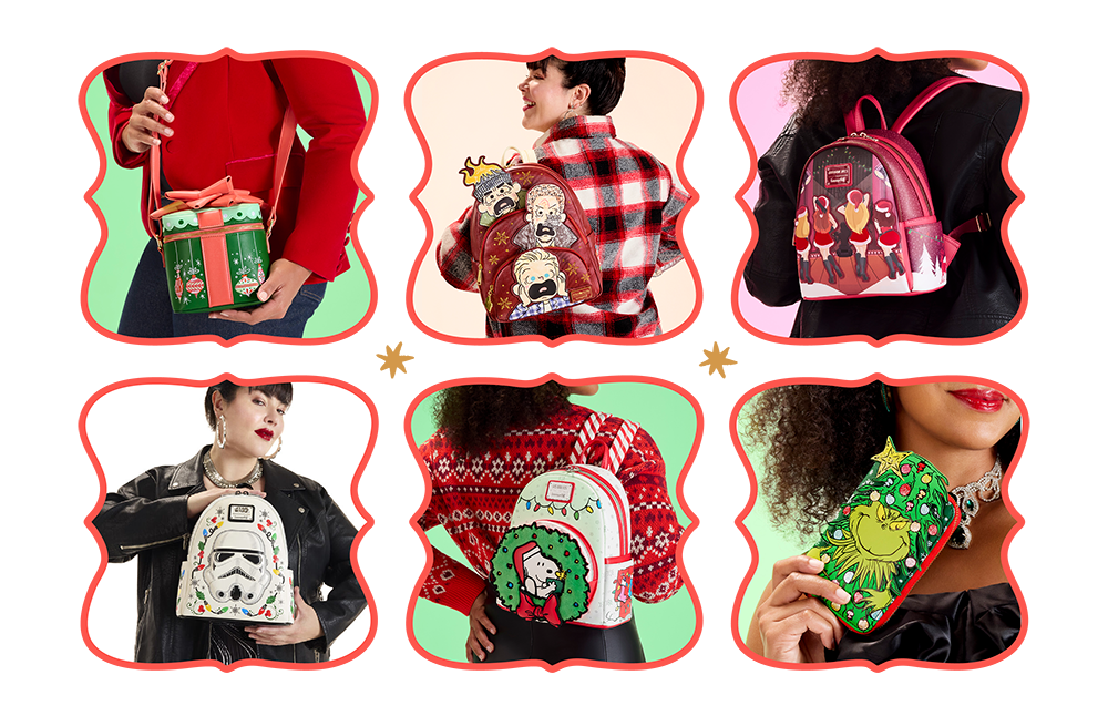 Models wearing a selection of Christmas Loungefly bags