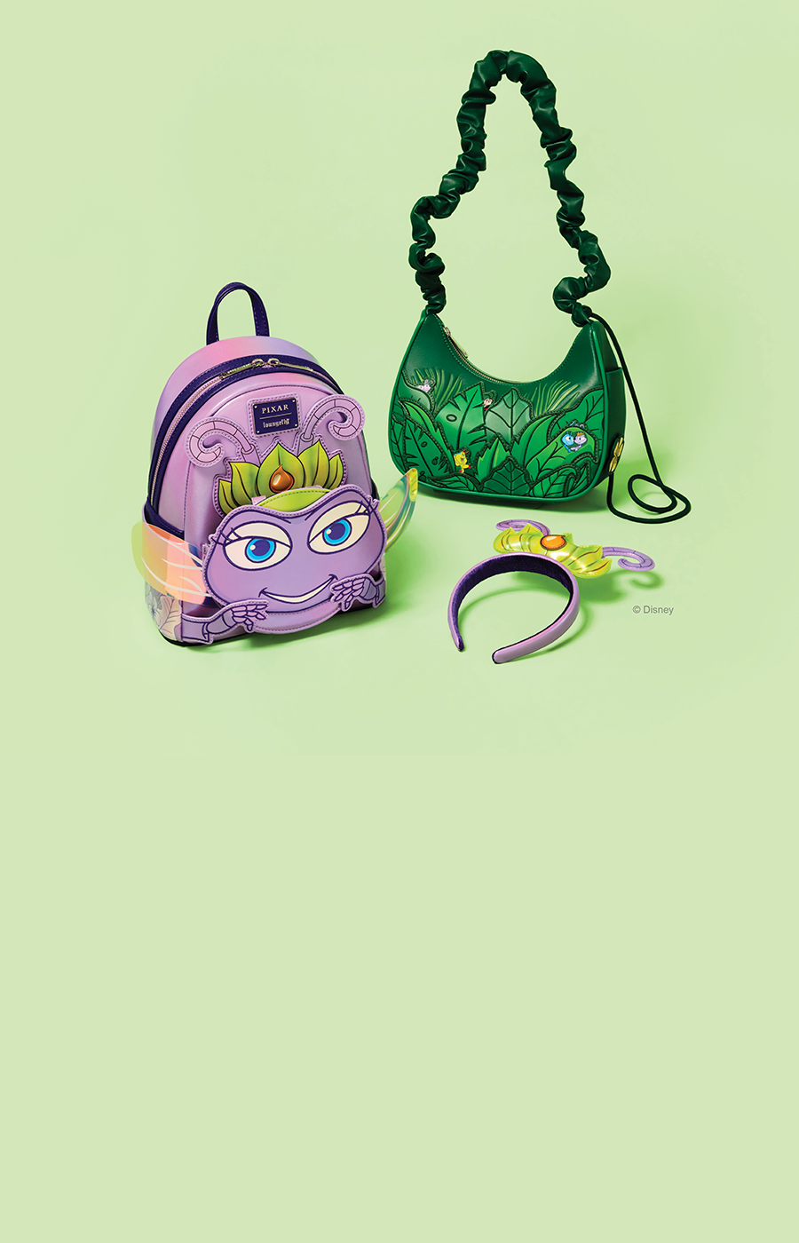 green background with selection of Loungefly PIxar Bug's Life accessories