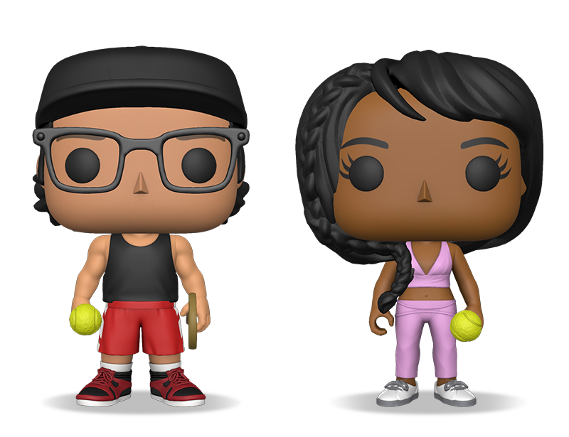2 Pop! Yourself figures dressed for tennis with rackets and balls