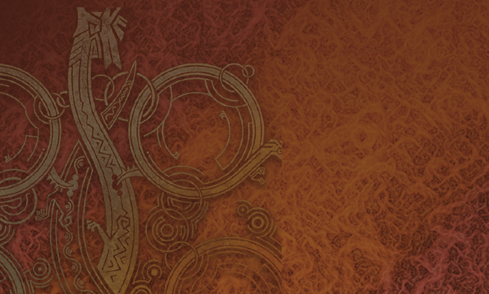 Rustic red and orange textured background with ornate Monster Hunter-inspired artwork