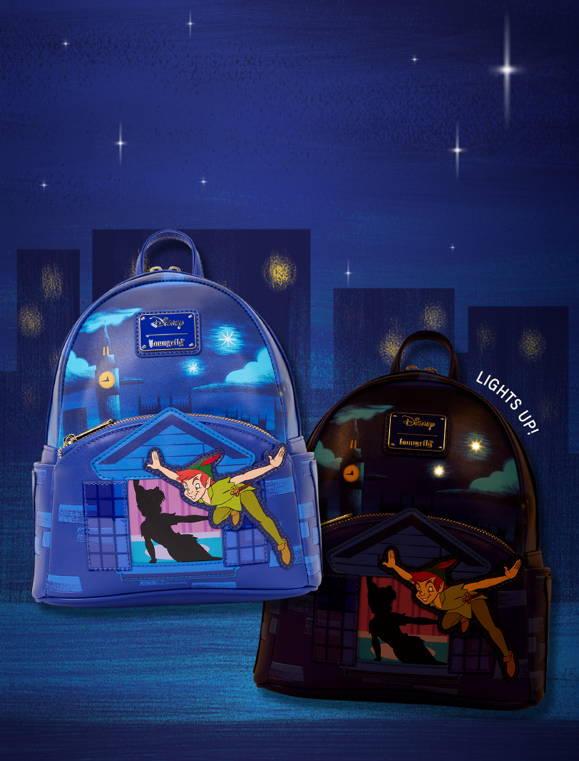 Dark blue night sky background with Peter Pan Loungefly backpack displayed in the foreground.