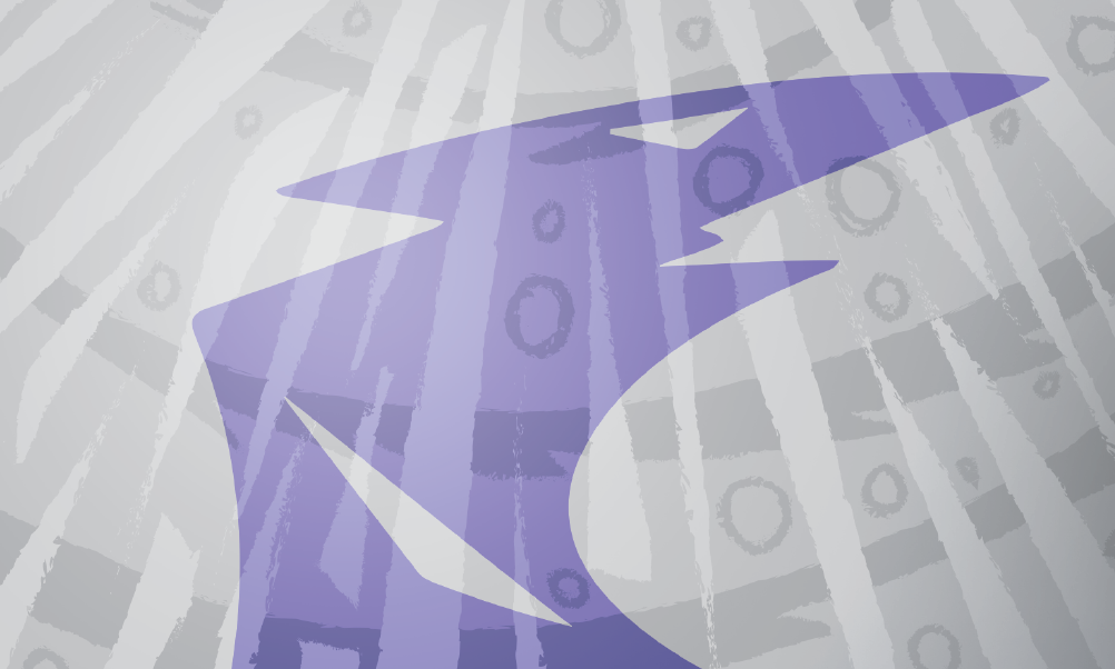 Bold, jagged purple shape pointing up-right against a muted gray background