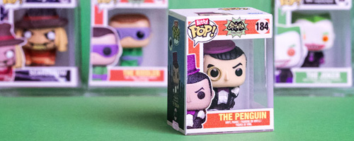 Green product background featuring Funko Bitty POP! DC Comics collection