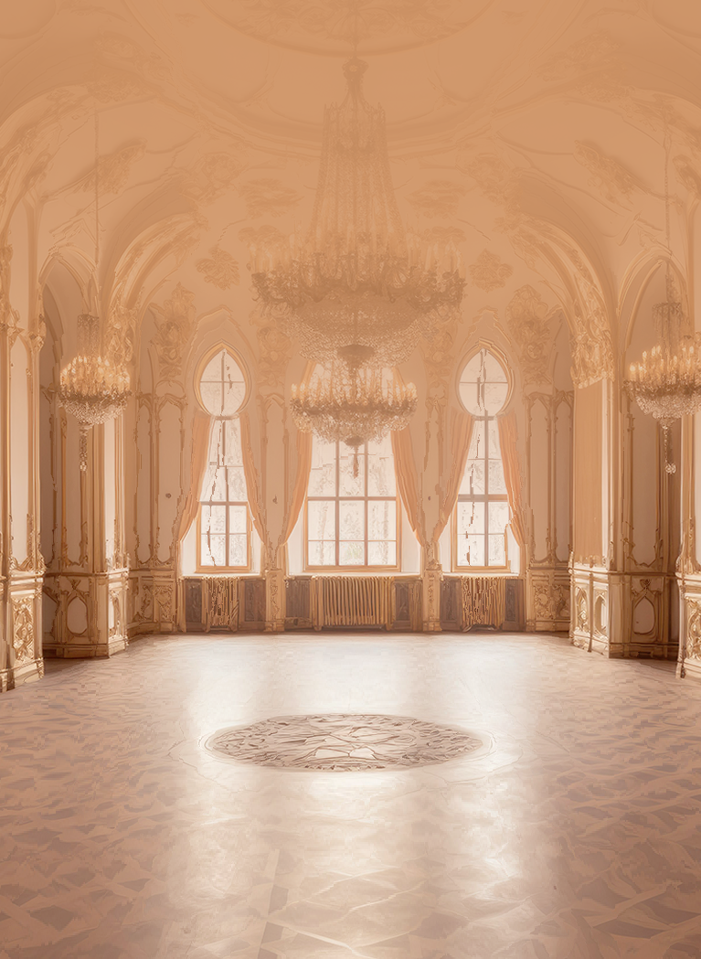 Regal ballroom with sepia and orange tones
