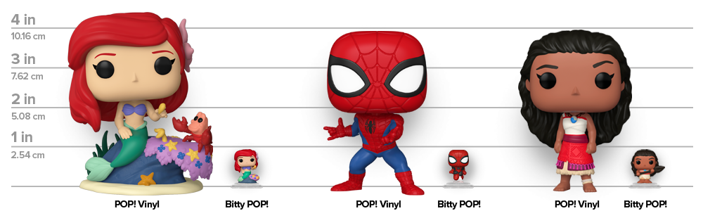Size chart of regular Funko POP! vinyl figures and Funko Bitty POP! collectible figures featuring The Little Mermaid, Spider-Man, and Moana