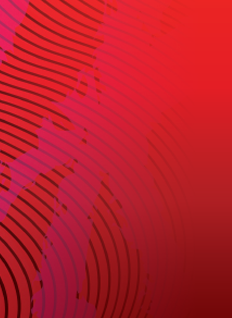 Deep red abstract background with overlapping circular line patterns and translucent red and magenta shapes on the left.