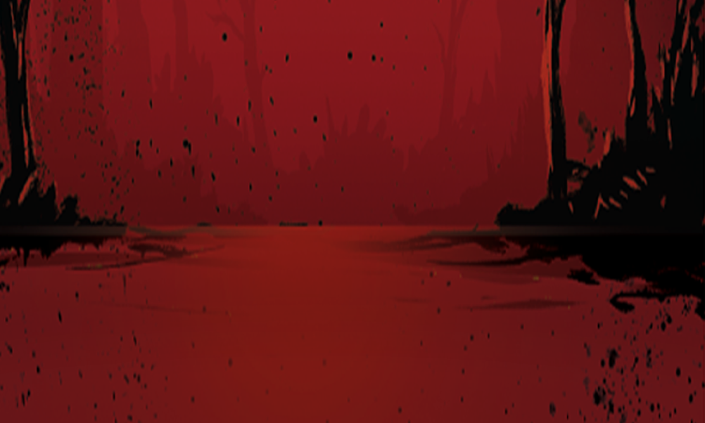 Light blue background with hanging flowers in the top corners