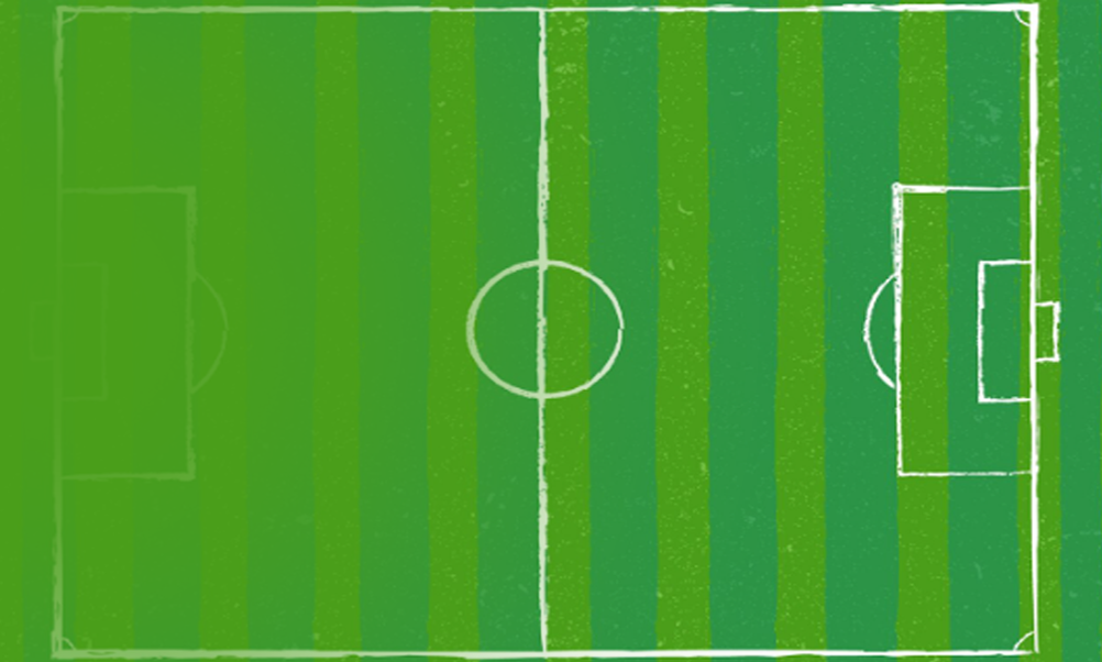 Illustrated green soccer field viewed from above with white pitch markings and alternating grass stripes in a textured graphic style.