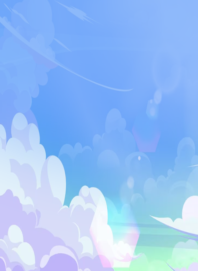 Soft blue sky with layered white clouds, bright sunlight, lens flares, and pastel gradients in a whimsical illustrated background.