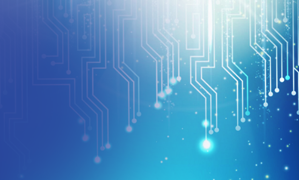 Abstract blue technology background with glowing circuit board lines and digital light effects.