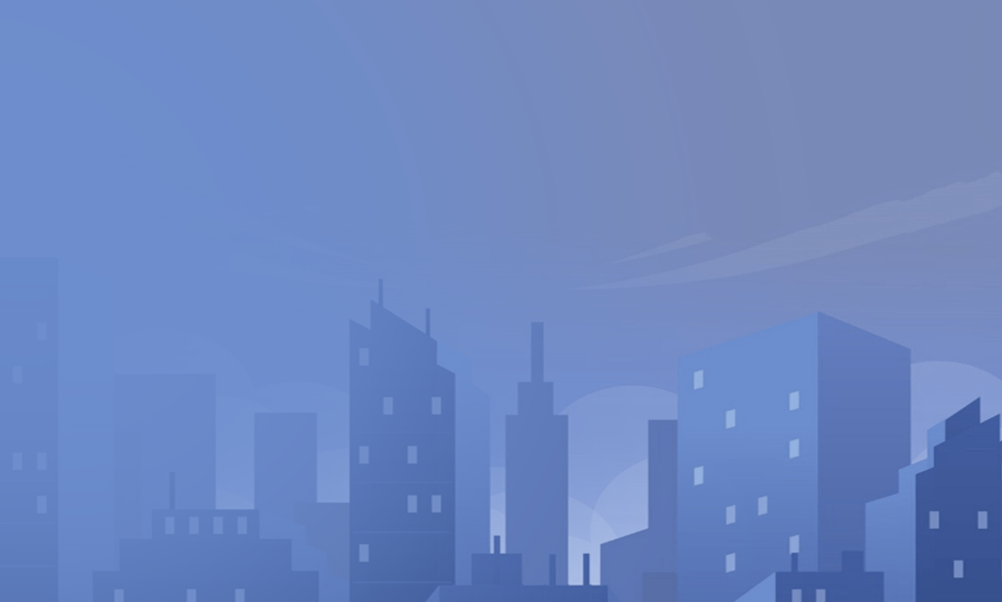 Stylized blue city skyline background with modern buildings and a soft cloudy sky.
