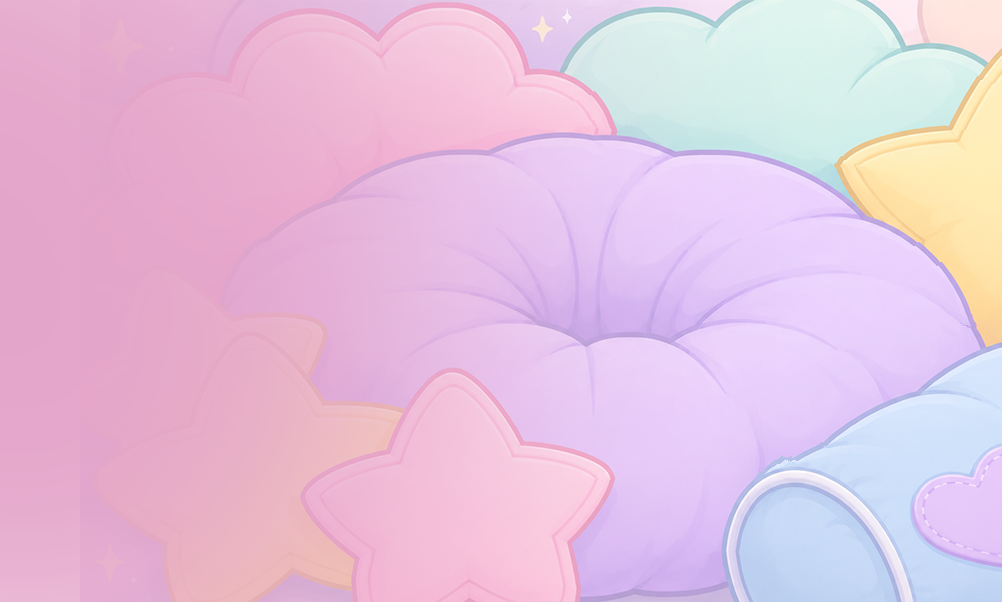 Pastel background featuring soft pink and purple clouds, plush pillows, stars, and dreamy kawaii aesthetic.