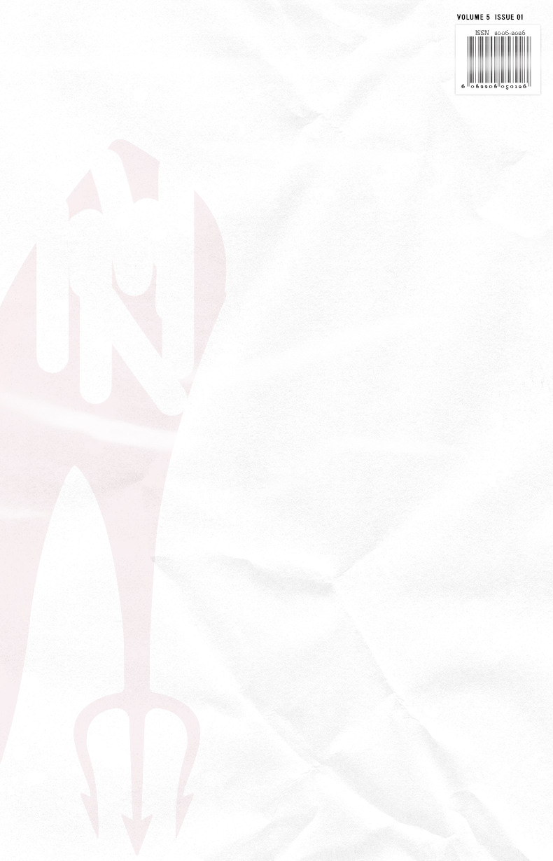Pale background with faded silhouettes of high heel shows with tridents as heels. In the top right corner is a barcode