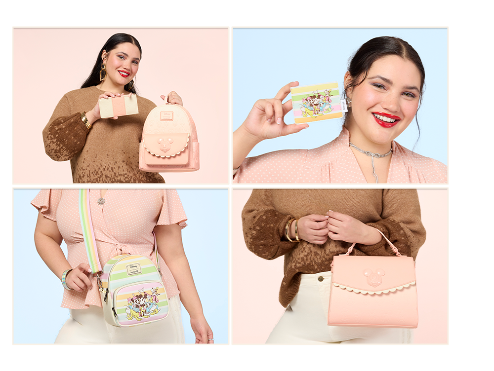 model with various Disney Loungefly accessories