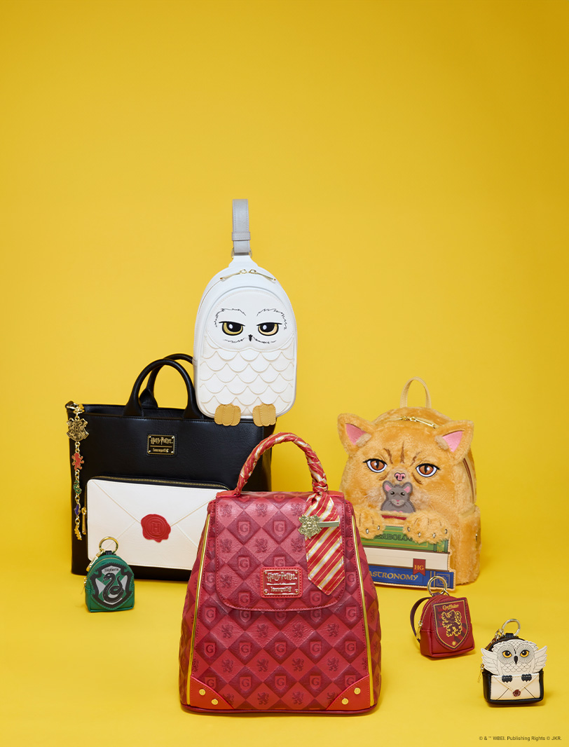 Yellow background featuring Loungefly Harry Potter accessories