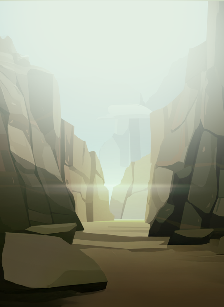 Illustration of canyon with sun shining through a gap in the middle