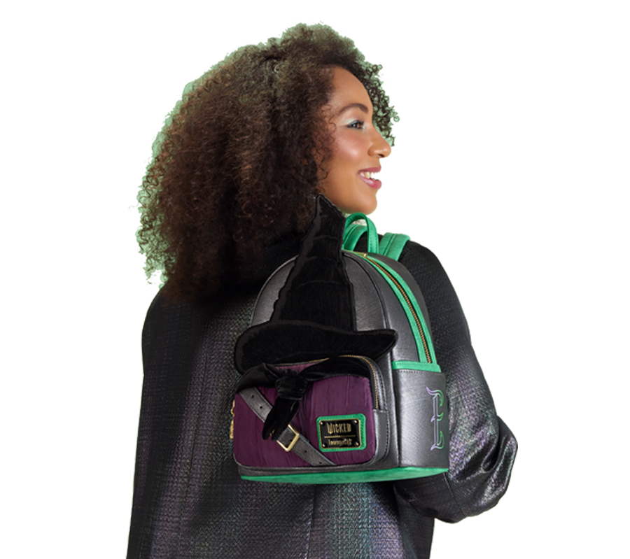 Model wearing Wicked Loungefly backpack
