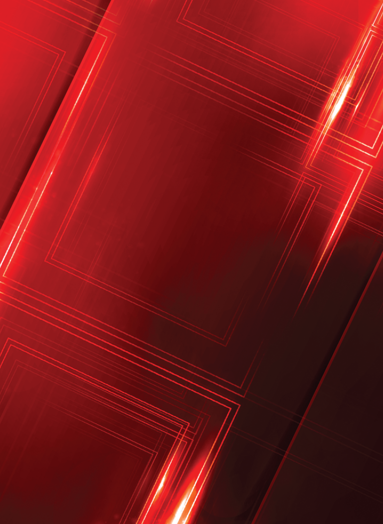 Abstract red geometric background with glowing lines and layered rectangular shapes.