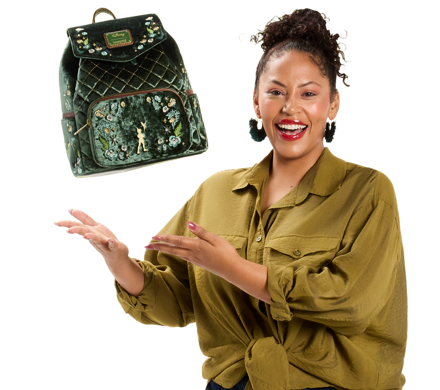 model with Peter Pan Loungefly backpack