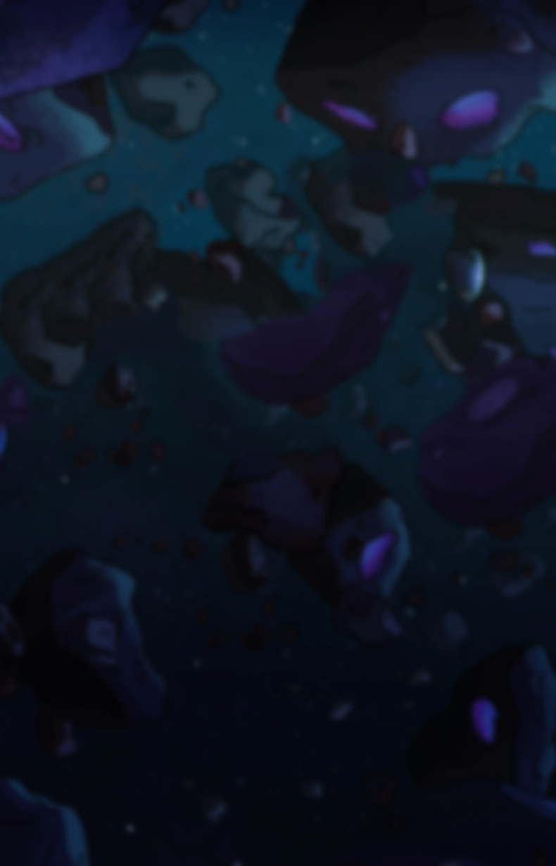 Dark illustrated outer space background with floating asteroids and glowing stars, used as a decorative backdrop for a themed collection.