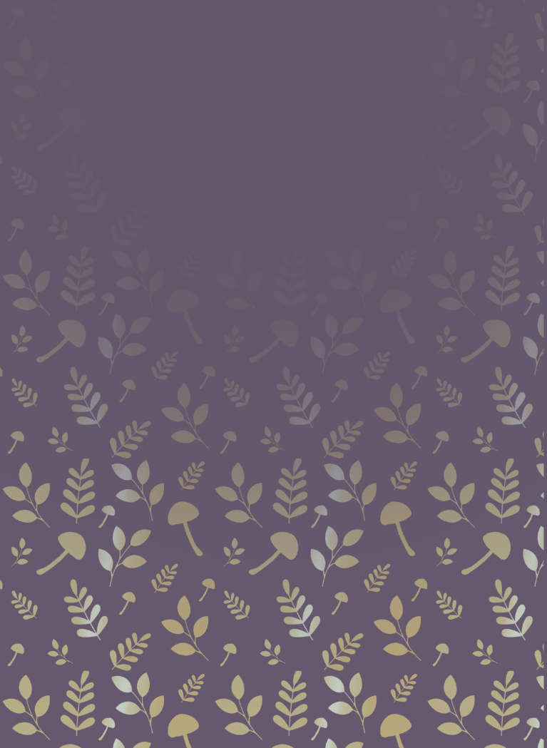 Mauve background with allover print in gold and silver of leaves and mushroom shapes