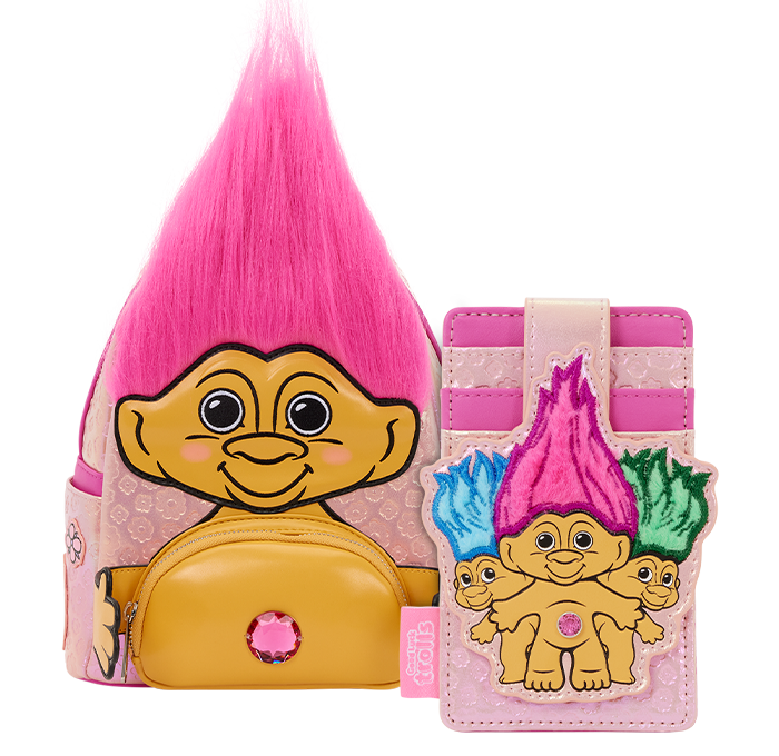Close up of Trolls Loungefly backpack and wallet