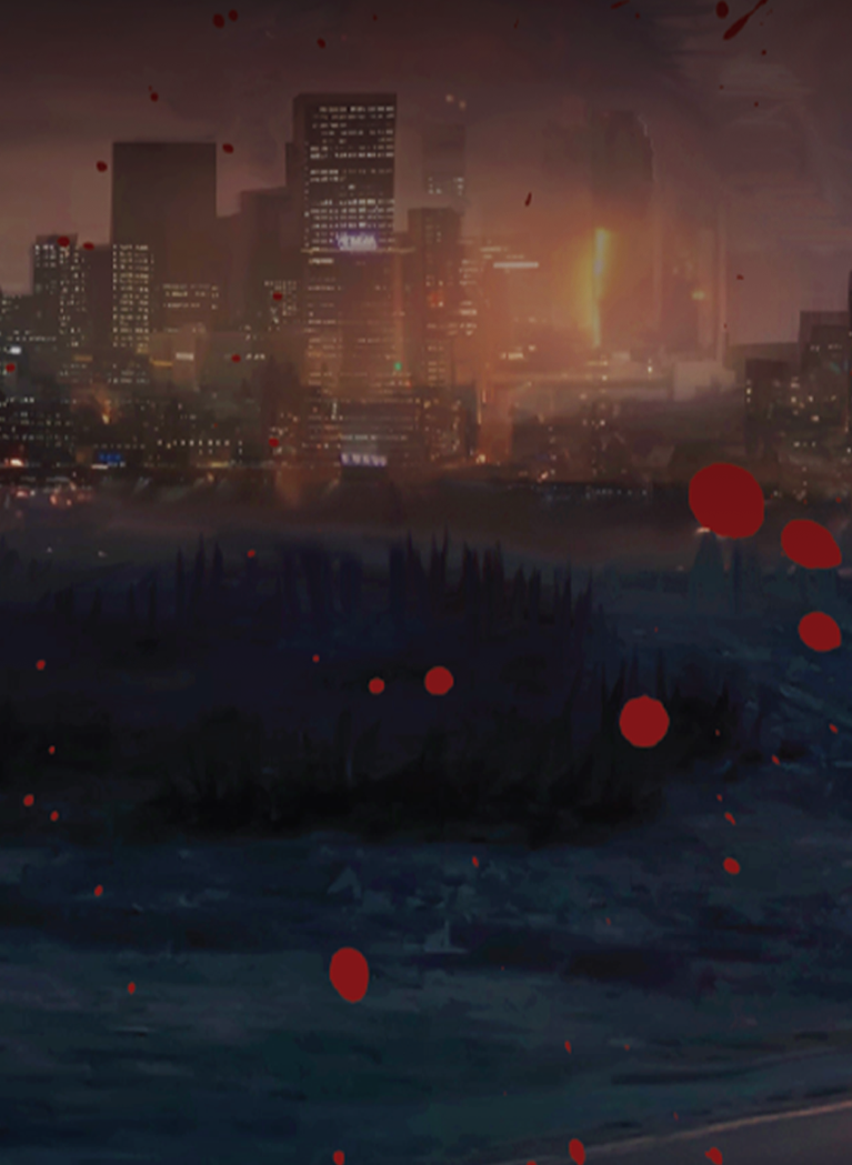 Dark atmospheric city skyline with red splatter effects