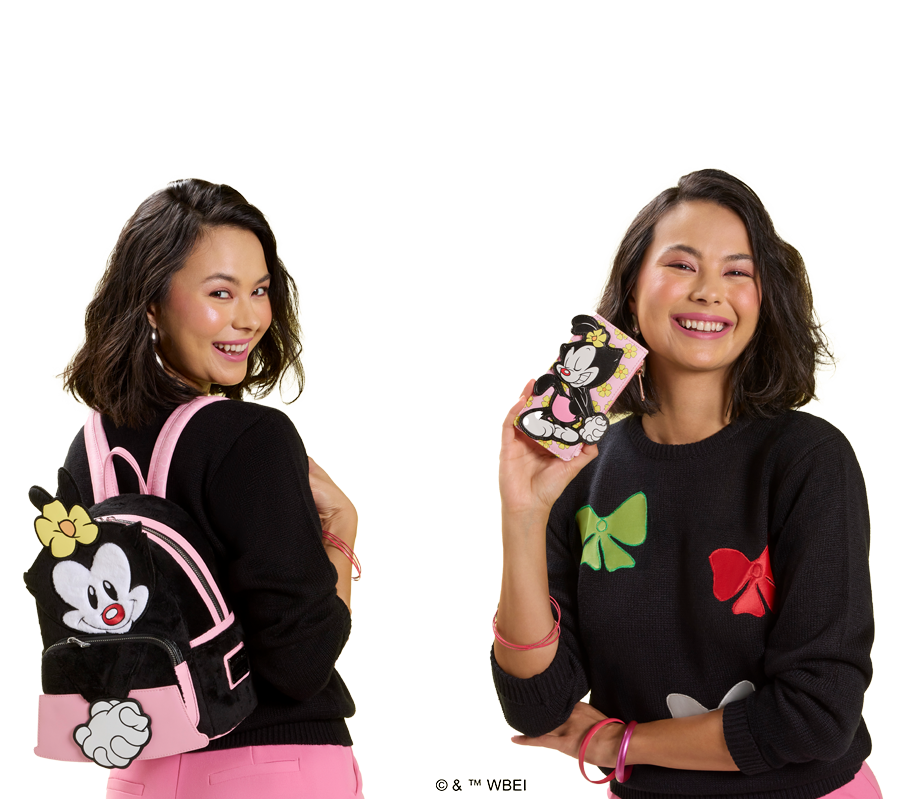 model with Animaniacs Loungefly backpack and wallet