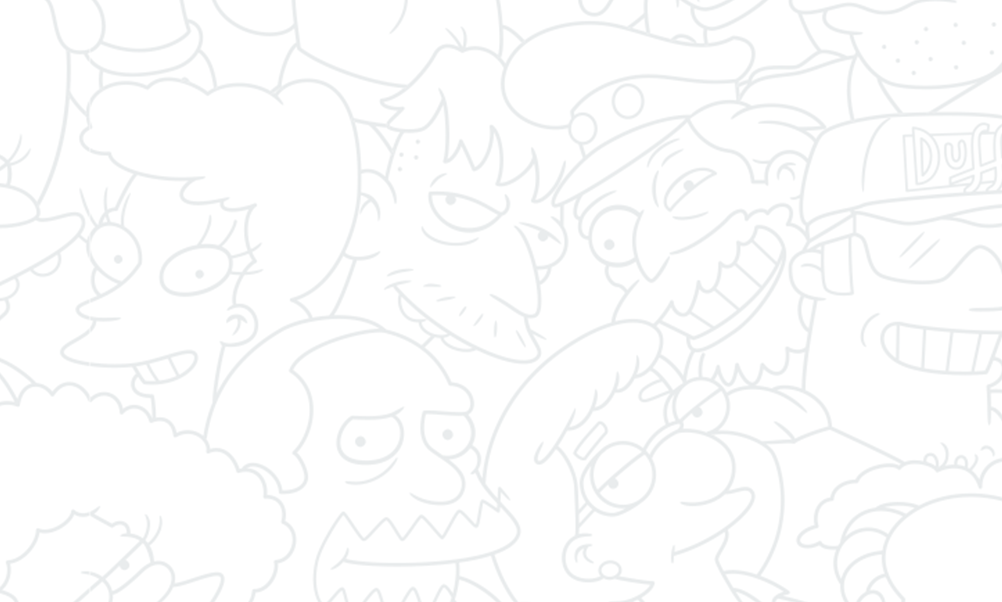 Light gray line-art collage of The Simpsons characters, including Marge, Lisa, Bart, Homer, Krusty the Clown, and Duff Man, on a white background