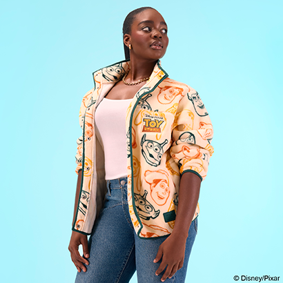 blue background with model wearing Loungefly Toy Story Fleece