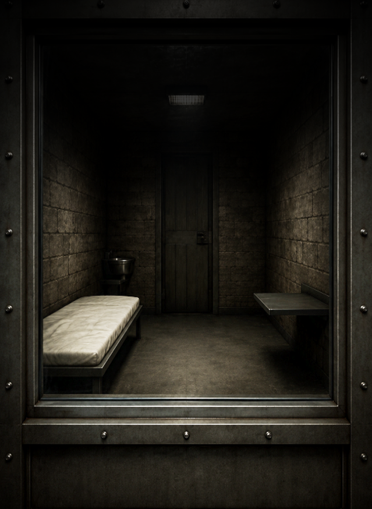 Dimly lit and basic prison cell with Perspex glass looking in
