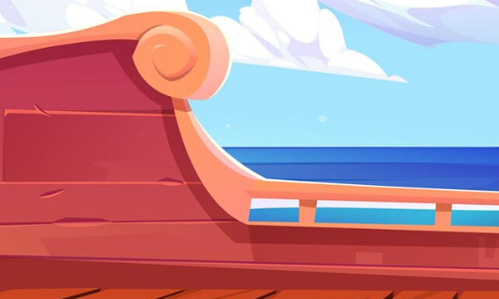 Illustrated pirate ship background with sea behind