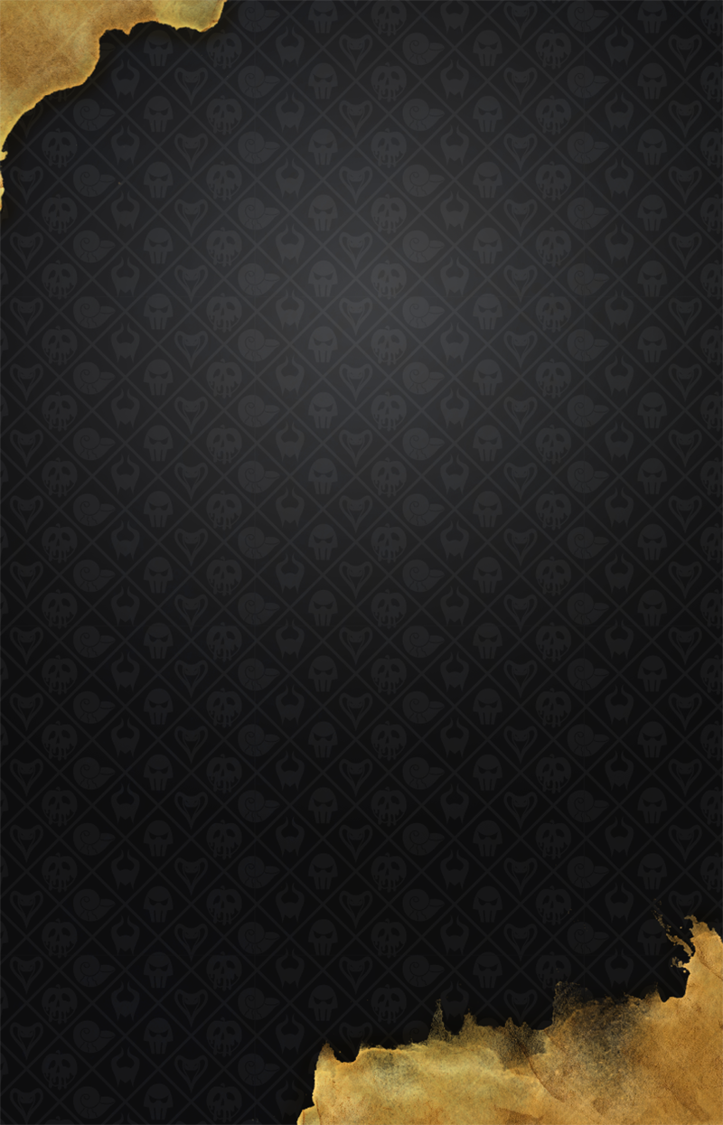 Dark fantasy-style background featuring a black patterned texture with subtle skull and heart icons, accented by torn gold parchment edges in the top left and bottom right corners with a smoky vignette effect.